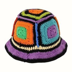 Crochet Hat Colorful Handmade Plaid Sun Hat